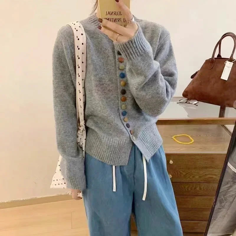 Crew Neck Button Front Ribbed Knit Cardigan