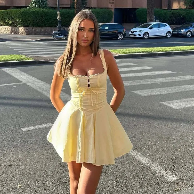 Square Neck Frill Trim Lace Up Corset Bodice Drop Waist Flared Mini Dress