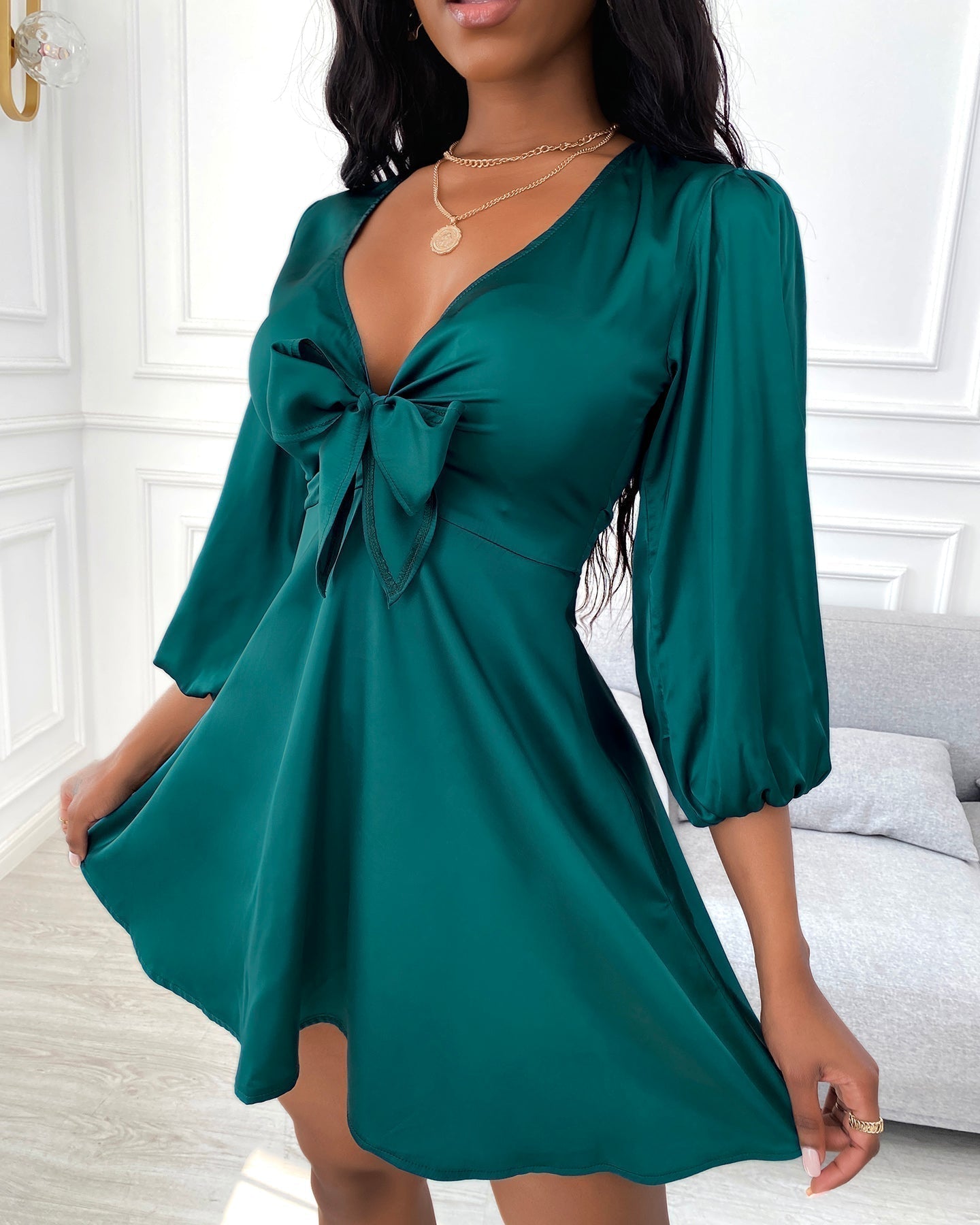 Satin Deep V-Neck Bow Puff Sleeve Fit and Flare Mini Dress