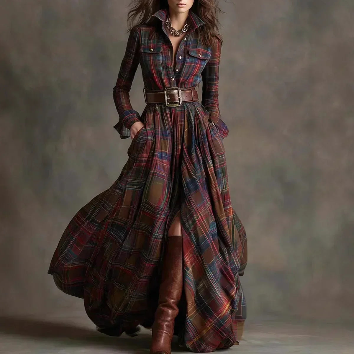Plaid Collared Long Sleeve Belted High Split Maxi Dress