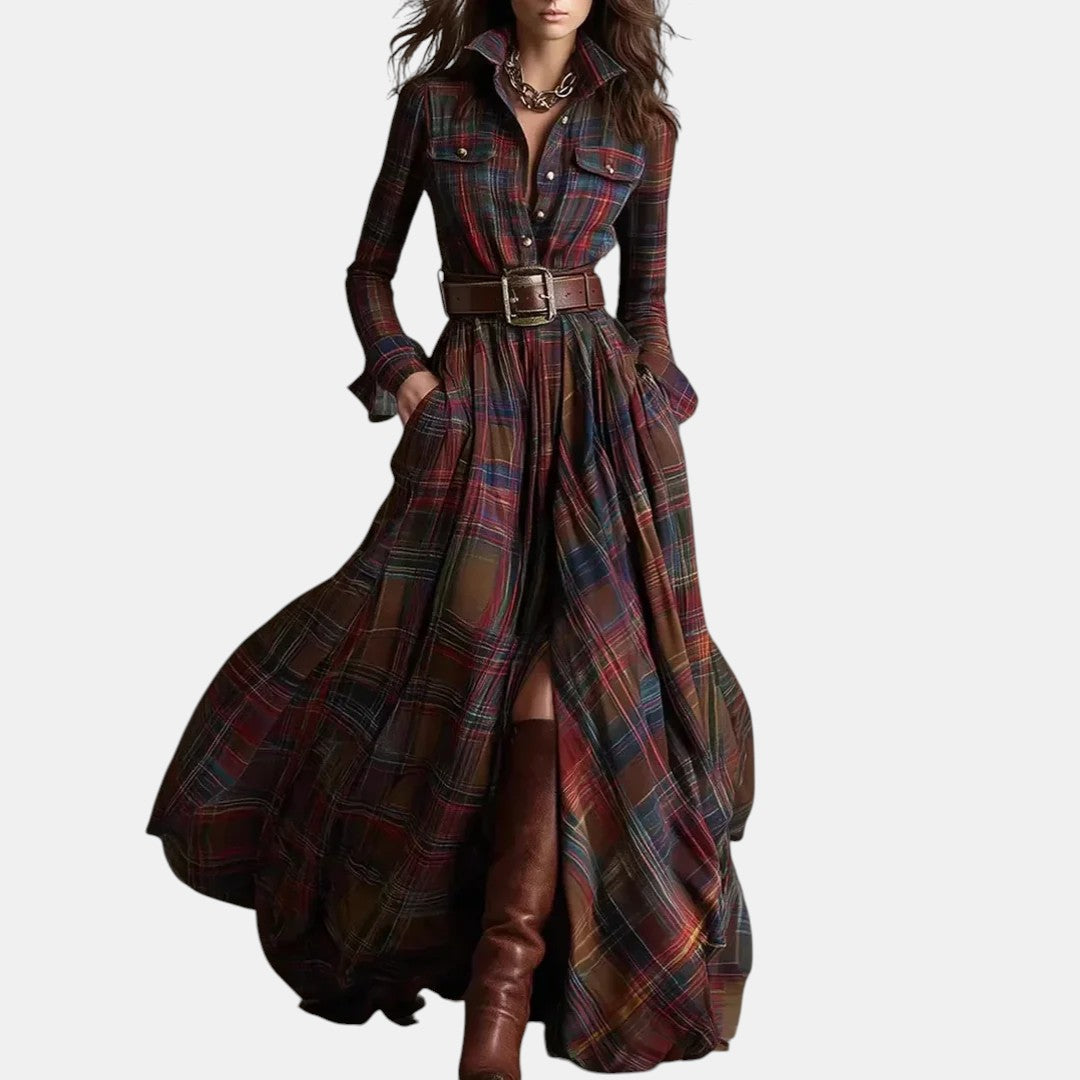 Plaid Collared Long Sleeve Belted High Split Maxi Dress