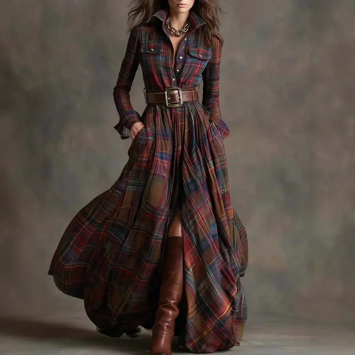 Plaid Belted Long Sleeve High Low Maxi Shirt Dress