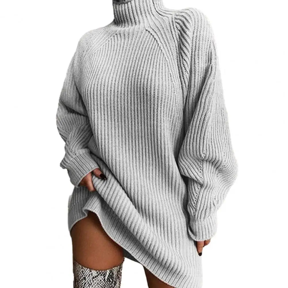 Turtleneck Long Sleeve Ribbed Sweater Dress