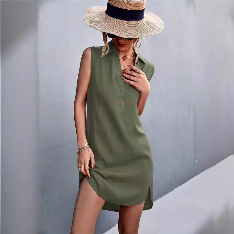 Collared Sleeveless Button Front Side Split Shirt Dress