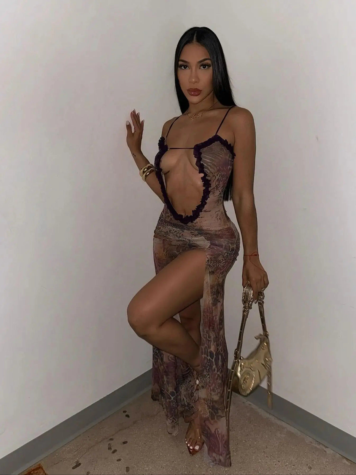 Printed Sheer Mesh Spaghetti Strap Cut Out Ruffle Trim High Split Maxi Dress 3