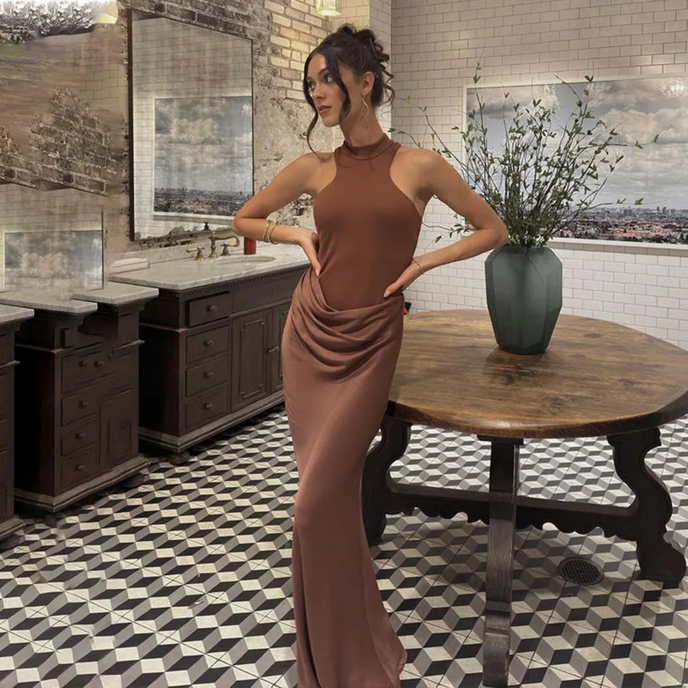 Halter Neck Sleeveless Ribbed Bodice Draped Waist Satin Maxi Gown