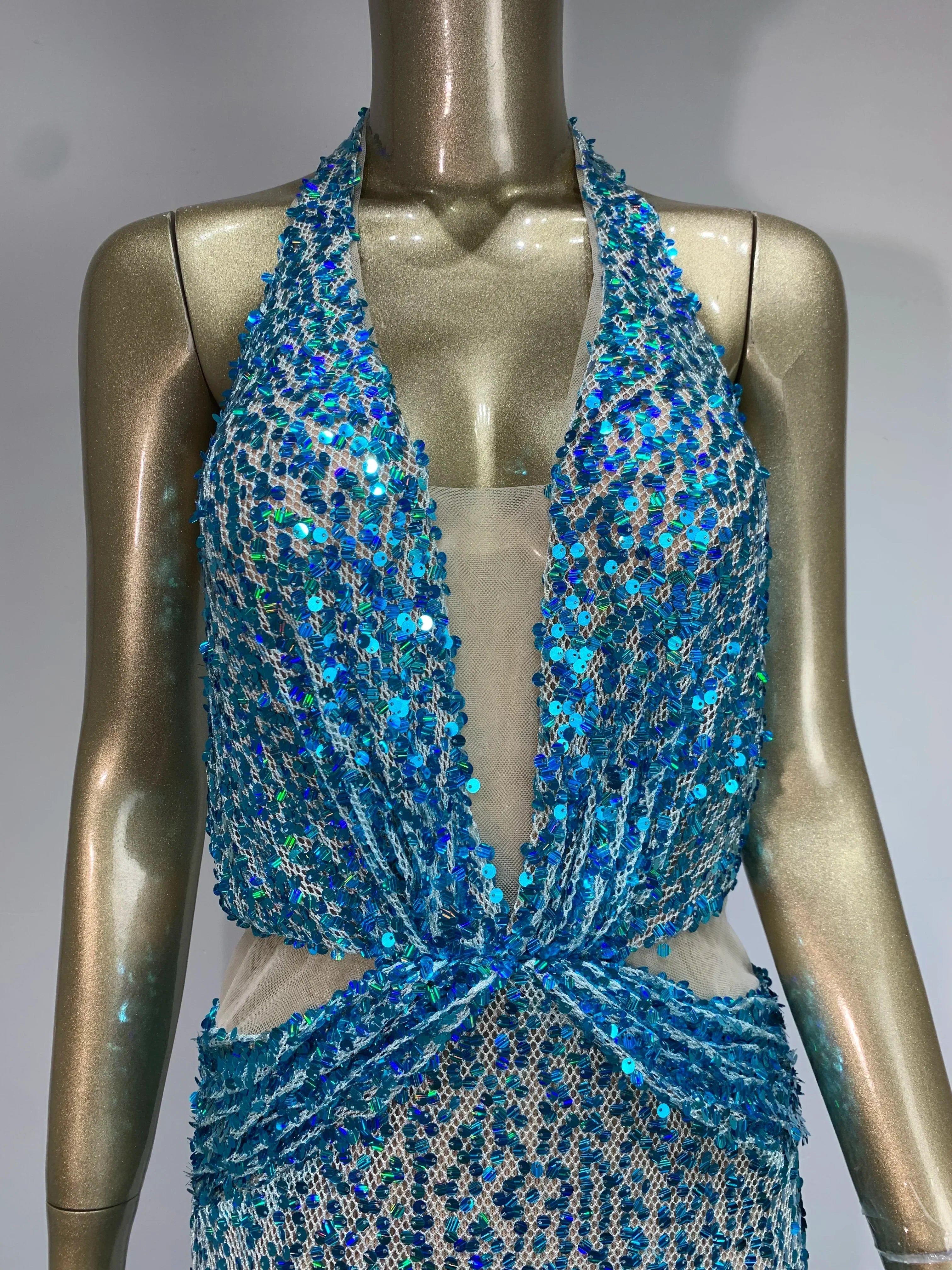 Sequin Halter Neck Deep V-Neck Cut Out Sheer Mermaid Gown