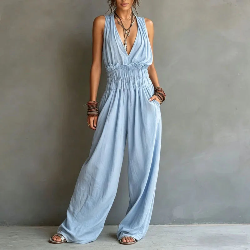 Halter Deep V-Neck Smocked Waist Wide Leg Jumpsuit