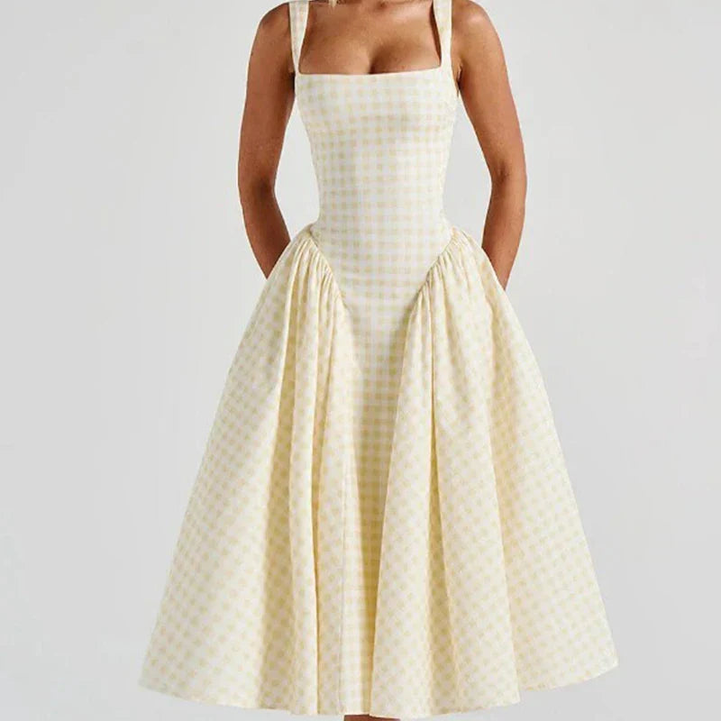 Lace-Up Plaid Sling A-Line Midi Dress - View 2
