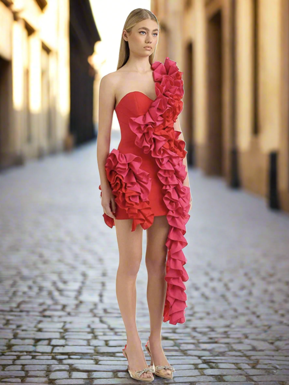 One Shoulder Sweetheart Neck Cascading Ruffle Bodycon Mini Dress 2