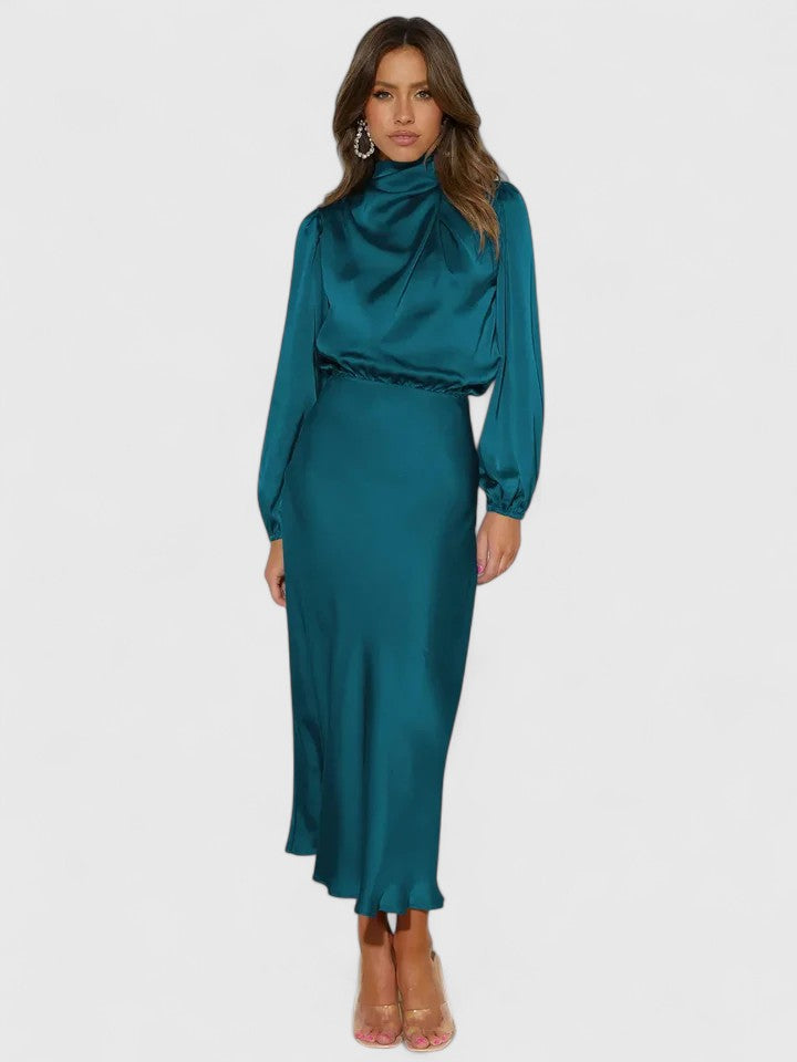 Satin High Neck Long Sleeve Blouson Midi Dress
