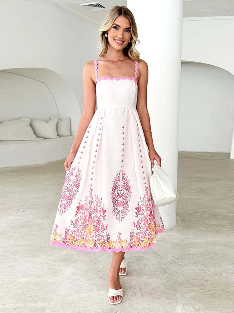 Square Collar Print Flower Sling Long Dress