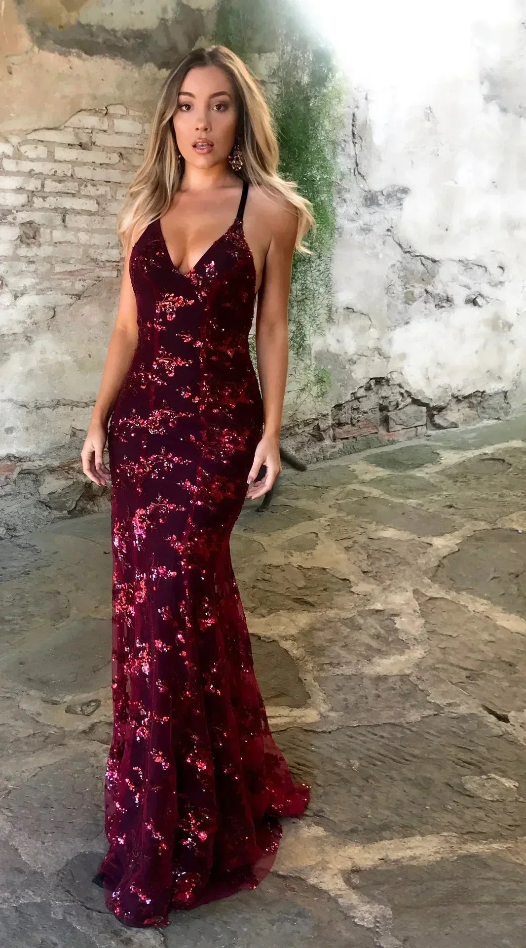 Sequin Embroidered Velvet V-Neck Spaghetti Strap Bodycon Dress 5
