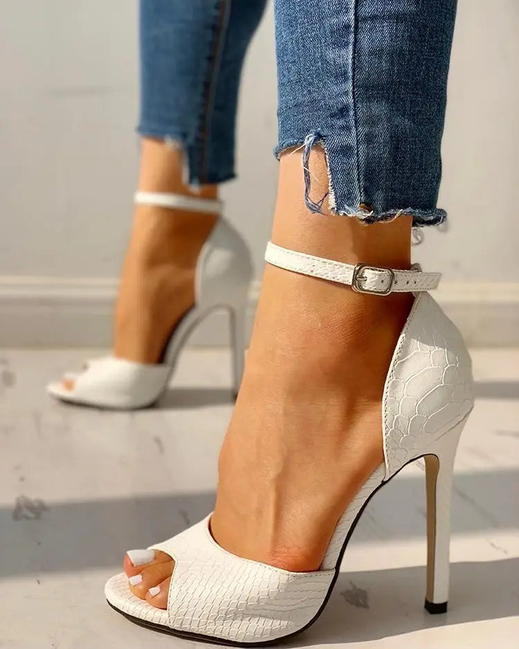 Croc Embossed Peep Toe Ankle Strap Stiletto Heel Sandals