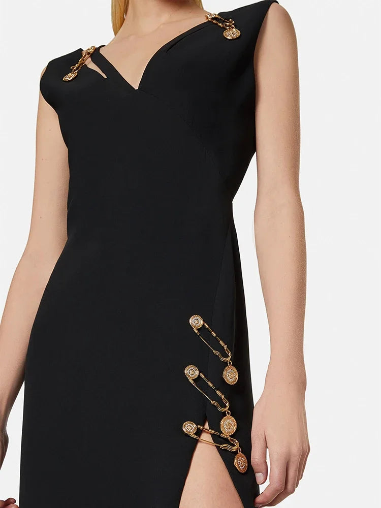 Medallion Safety Pin Sleeveless V-Neck Wrap Bandage High Split Midi Dress