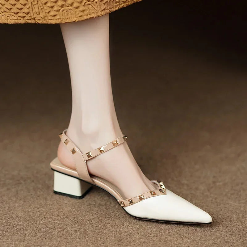 Pointed Toe Studded Slingback Block Heel Pumps