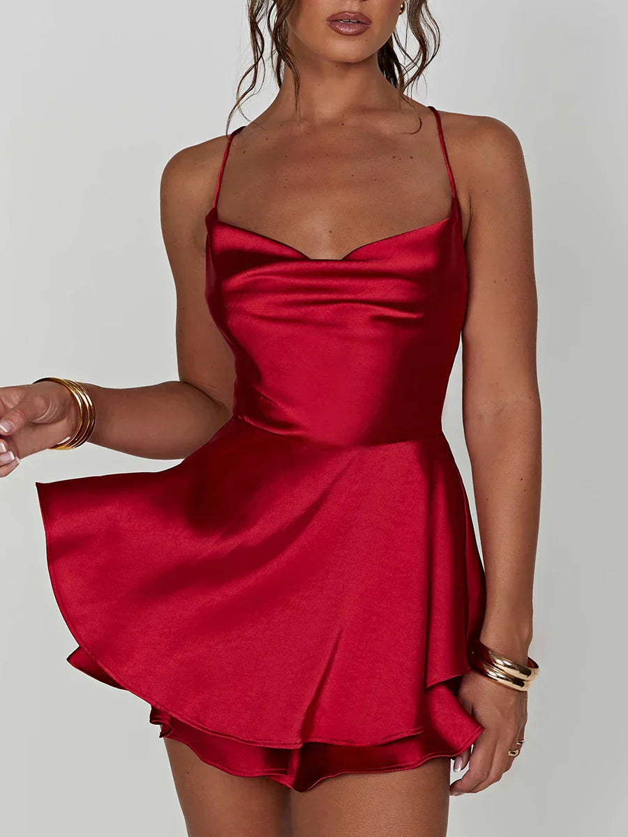 Satin Cowl Neck Tie Back Romper Mini Dress - View 6