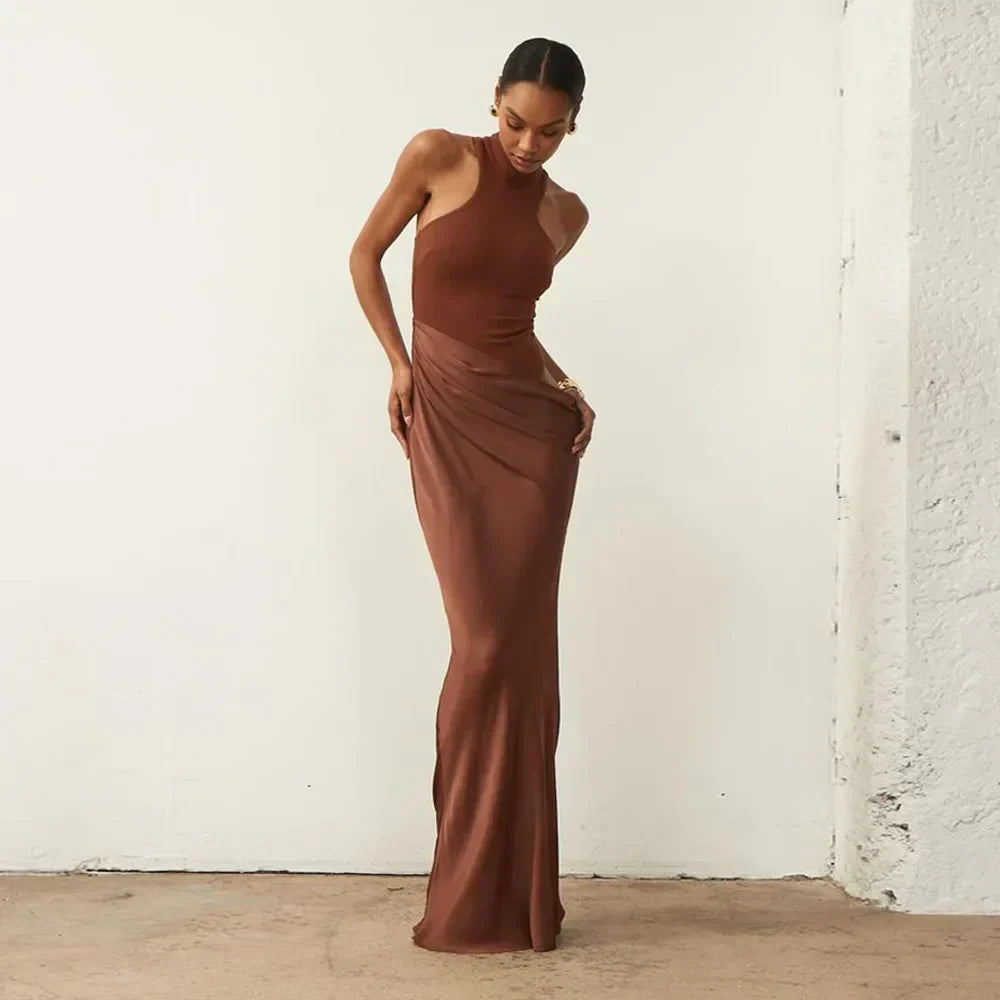 Halter Neck Sleeveless Ribbed Bodice Draped Waist Satin Maxi Gown