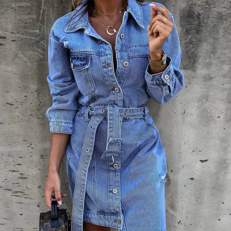 Distressed Belted Button Front Long Sleeve Denim Mini Dress