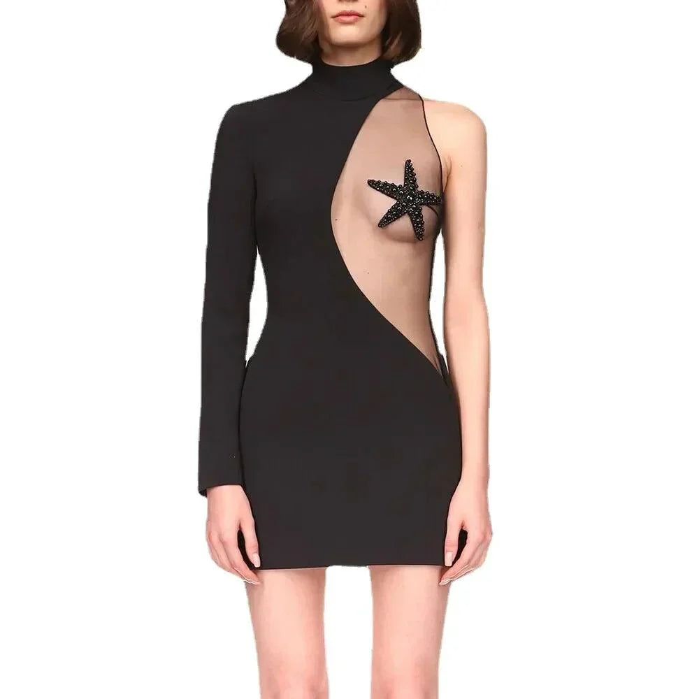 One Shoulder Long Sleeve Starfish Mesh Panel Bodycon Mini Dress