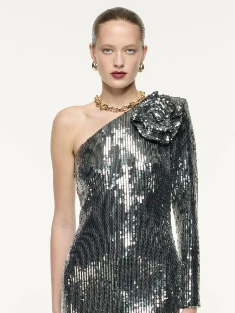 Sequin One Shoulder Long Sleeve Rosette Bodycon Maxi Dress