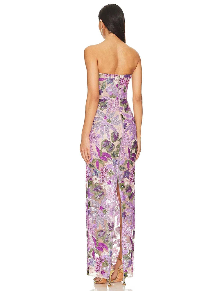 Sequin Floral - Embellished Lavender Strapless Dress