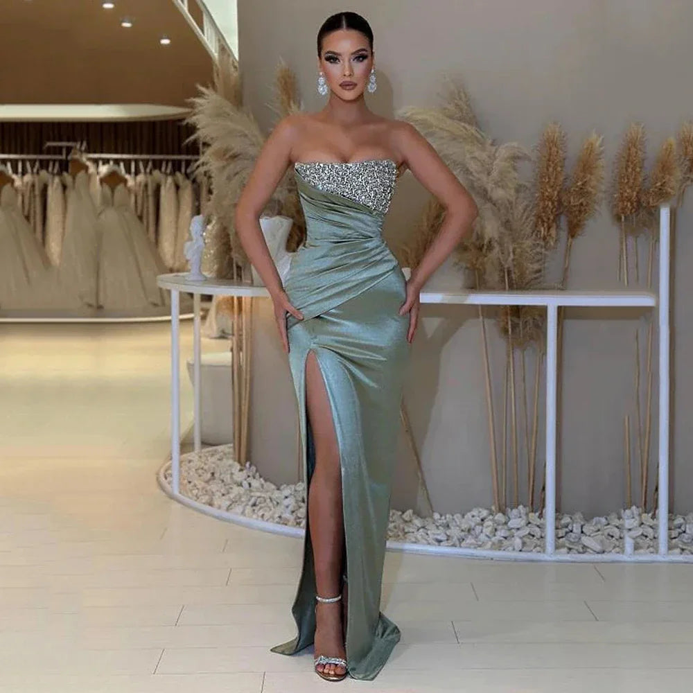 Ruched Satin Beading Prom Dress