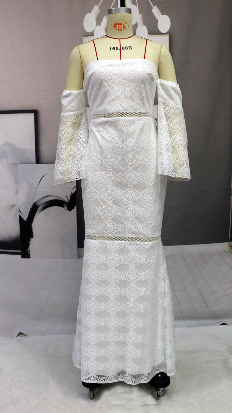 Off Shoulder Lace Bell Sleeve Mermaid Lace Trim Formal Gown