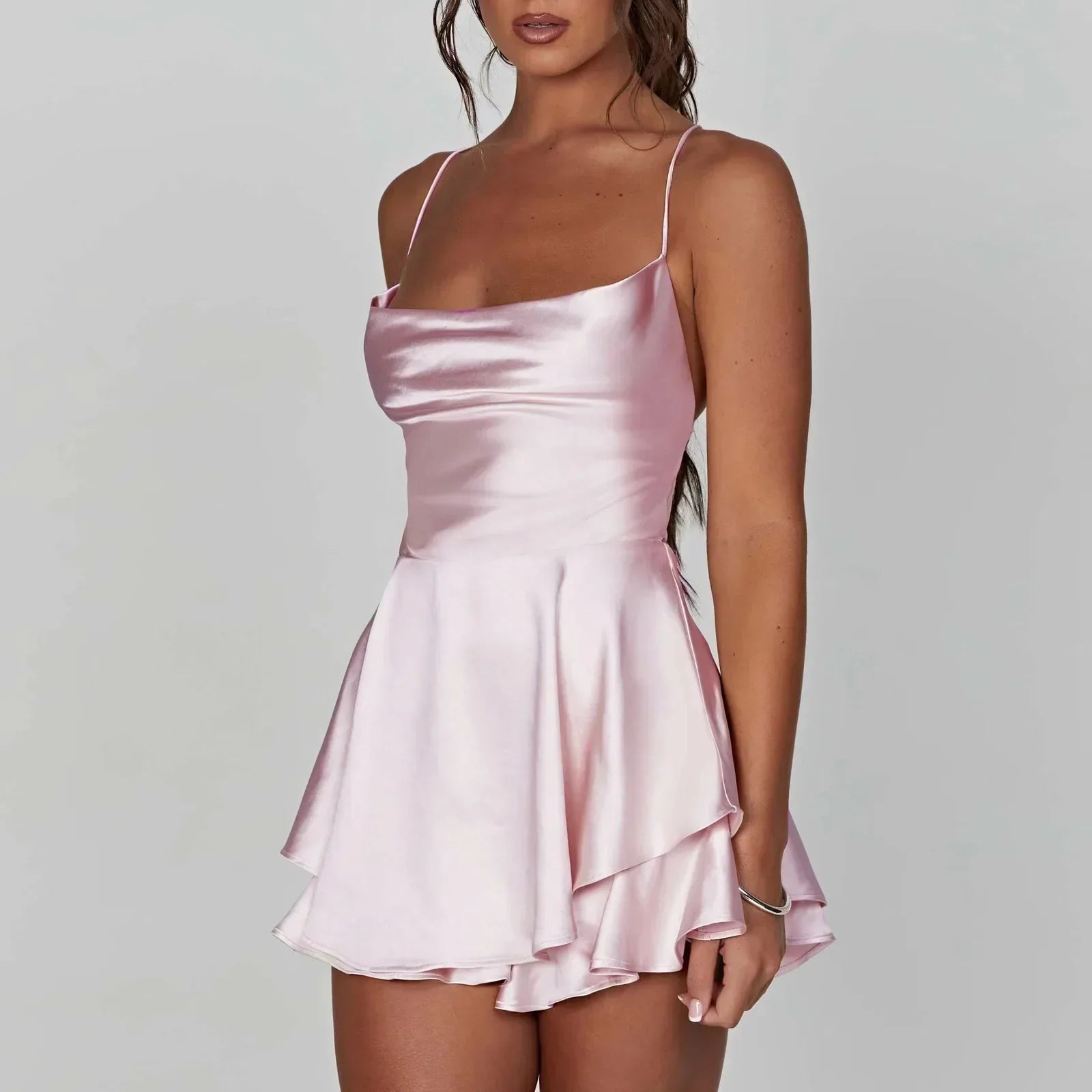 Satin Cowl Neck Tie Back Romper Mini Dress - View 9