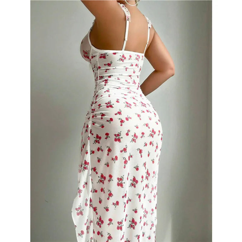 Floral Print Mesh Bustier Sweetheart Ruffle Strap Double High Split Maxi Dress