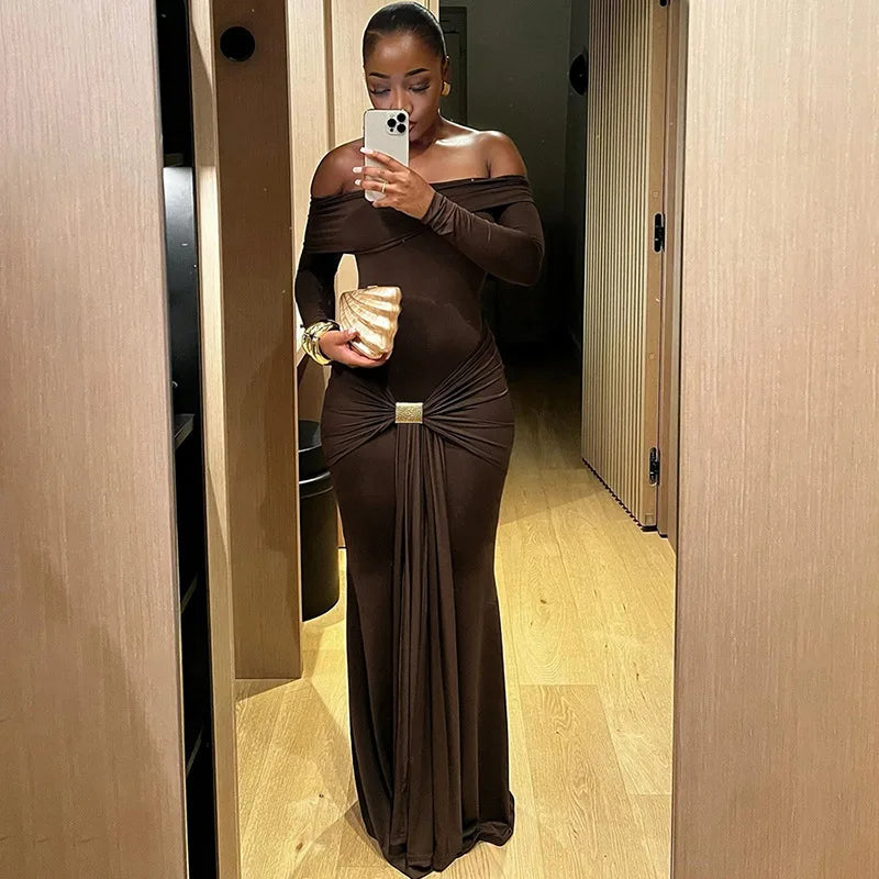 Pleated Patchwork Solid Off - Shoulder Dress