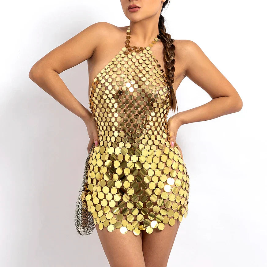 Metallic Disc Mesh Halter Neck Backless Bodycon Mini Party Dress