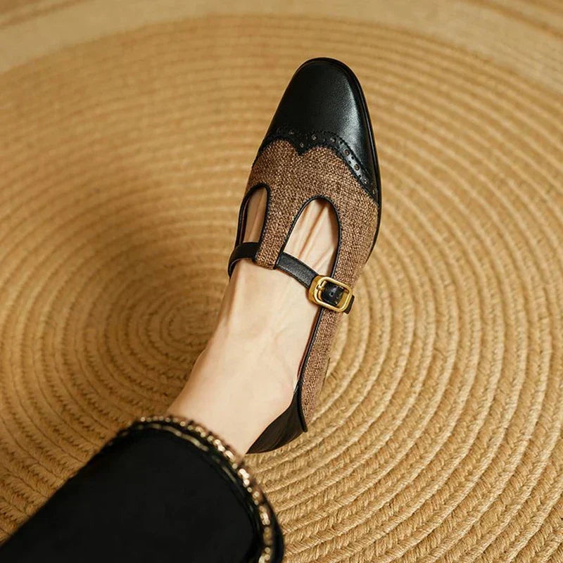 Pointed Toe T-Strap Buckle Brogue Flats