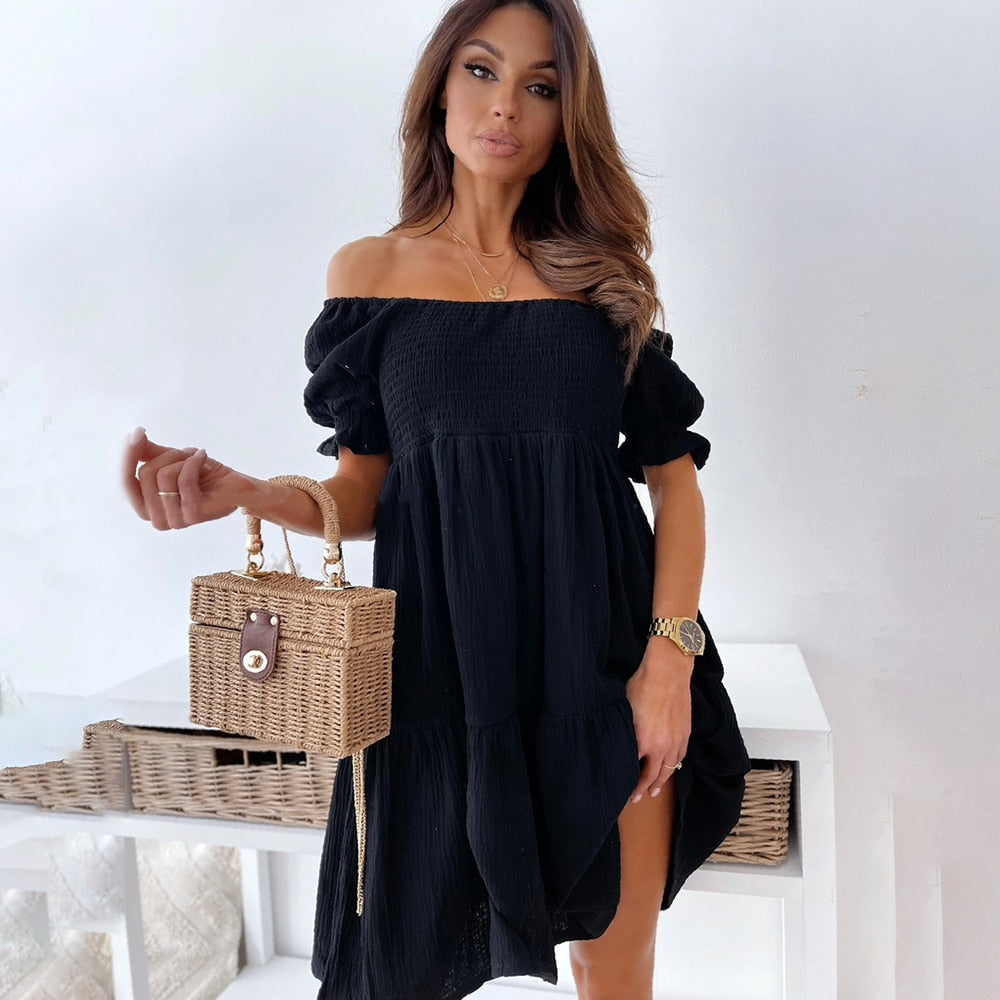 Off Shoulder Smocked Puff Sleeve Tiered Babydoll Mini Dress
