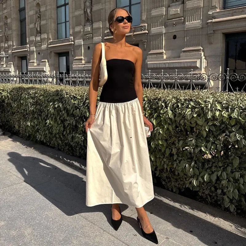 Strapless Colorblock Drop Waist Tube Maxi Dress