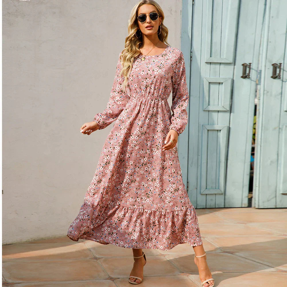 Floral Long Sleeve Tiered Ruffle Boho Maxi Dress