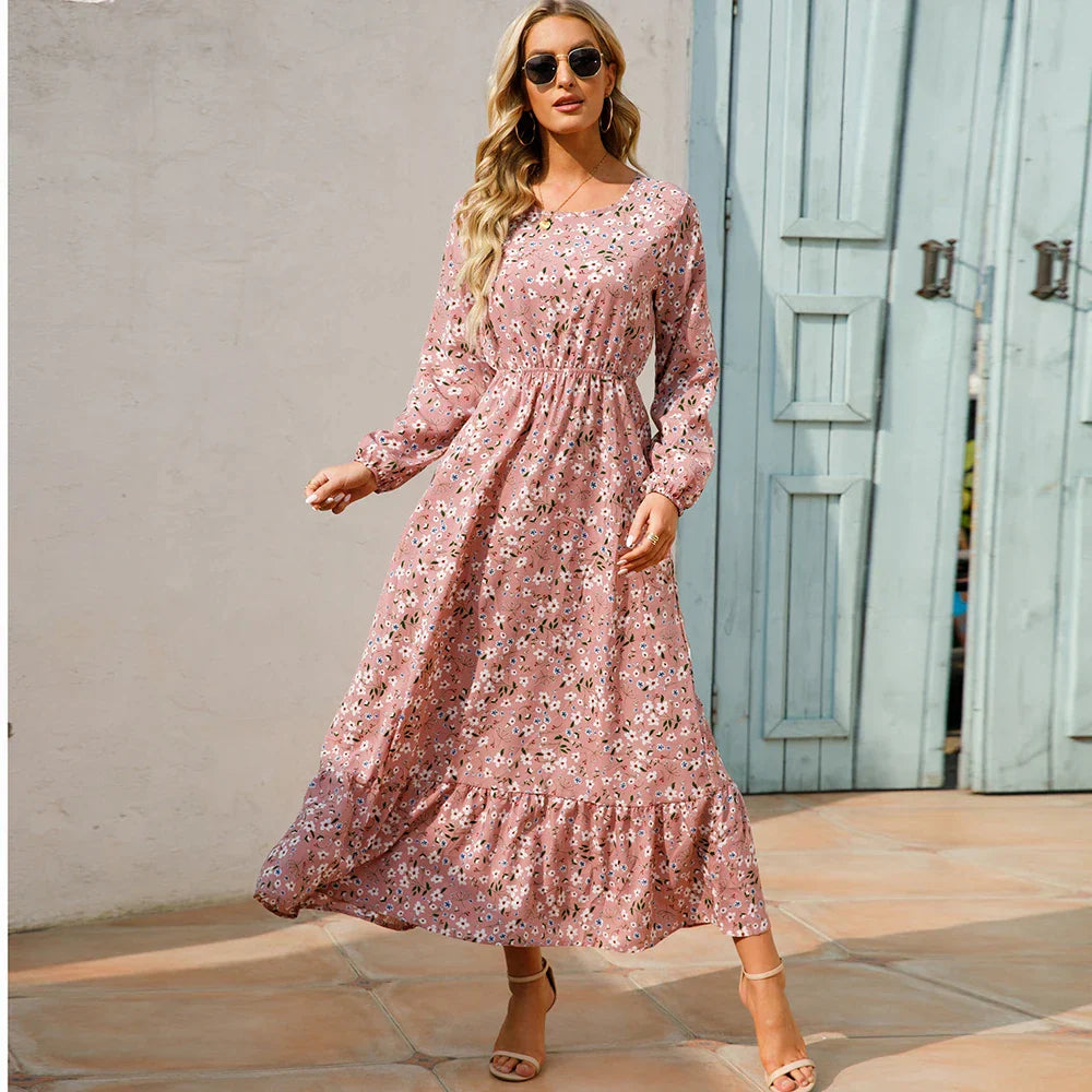 Natasha Effortless Women's Bohemian Floral Chiffon Maxi Dress with Long Sleeves Elevated Occasion Wear