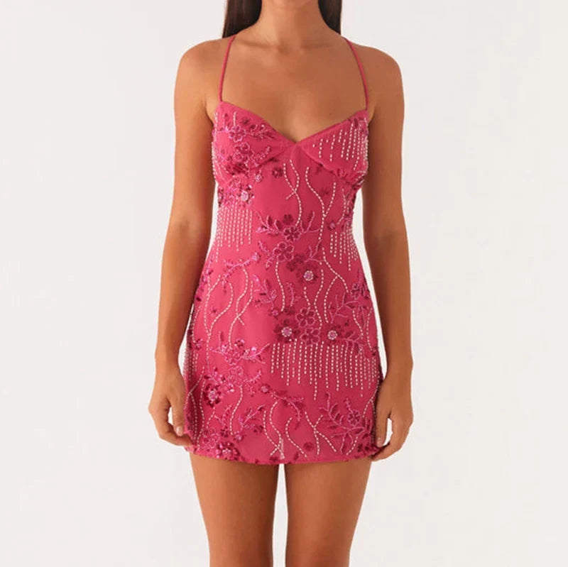 Floral Beaded Sweetheart Backless Bodycon Mini Dress