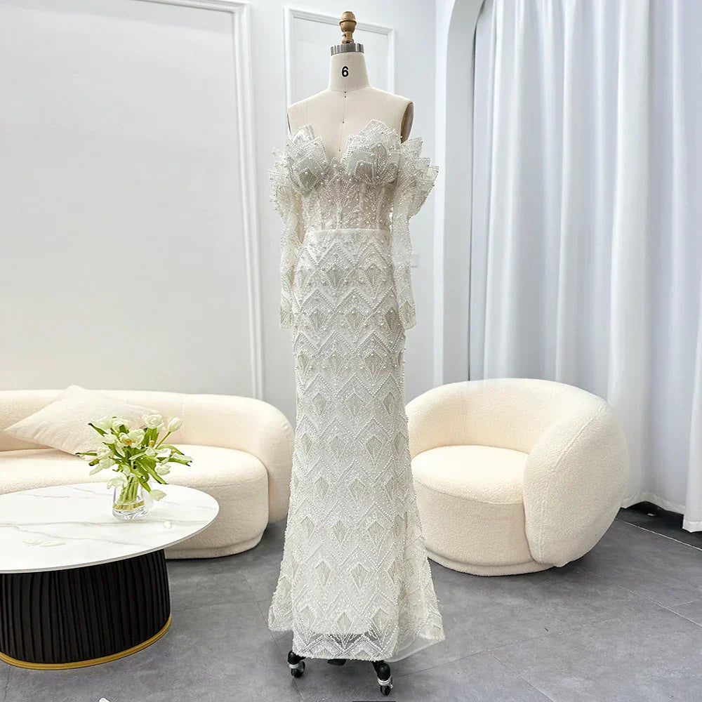 Beaded Off Shoulder Long Sleeve Mermaid Maxi Gown