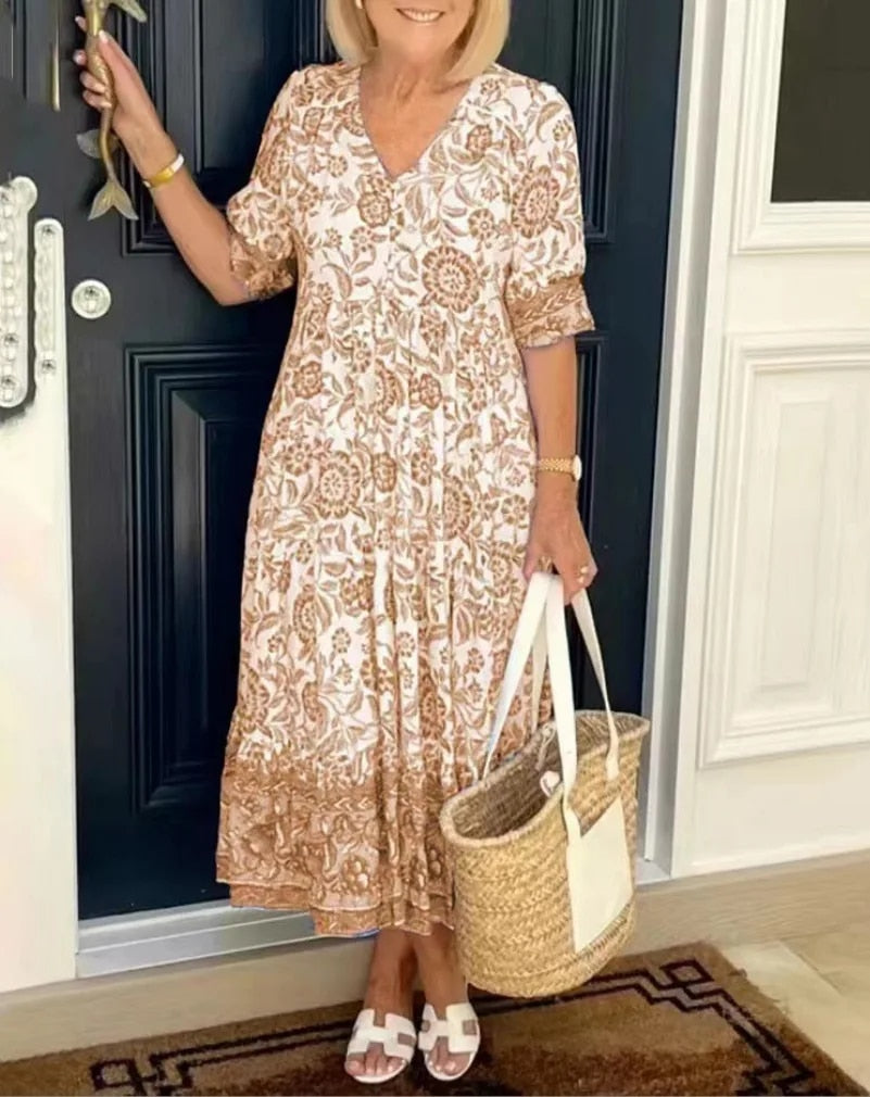 Border Floral V-Neck Short Sleeve Tiered Midi Dress 6
