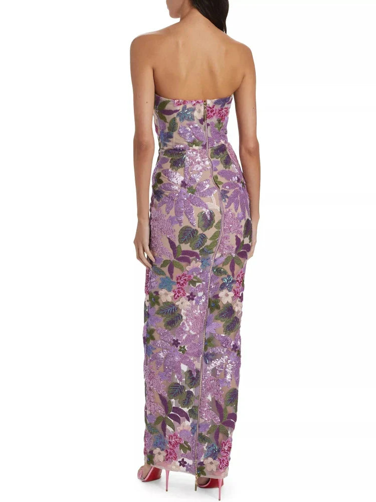 Sequin Floral - Embellished Lavender Strapless Dress
