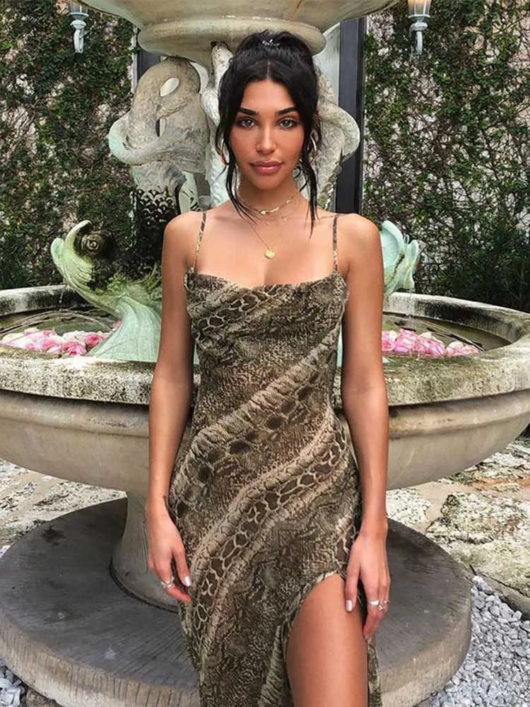Snake Print Chiffon Sheer Strap Backless Slit Slip Dress 6