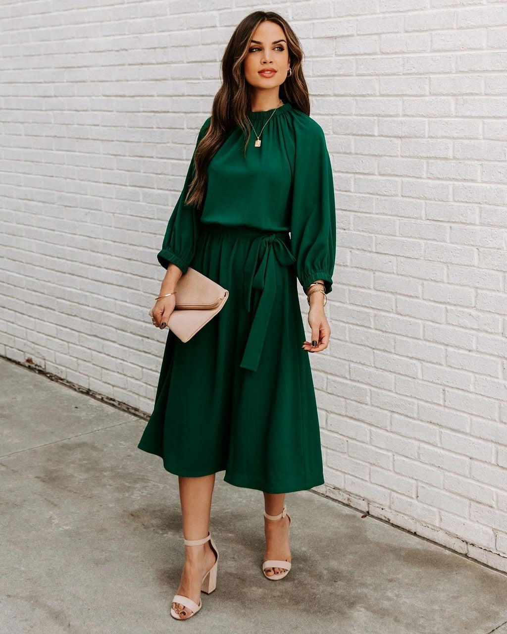 Mock Neck Long Sleeve Belted A-Line Midi Dress