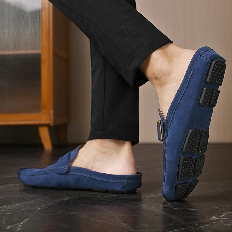 Suede Look Buckle Strap Backless Loafer Mules
