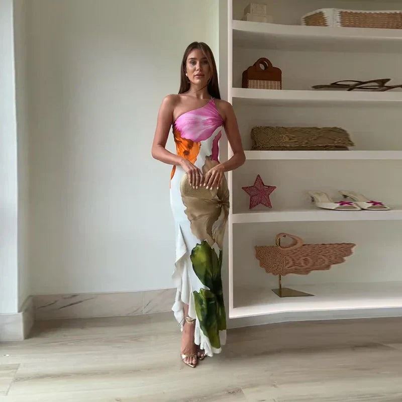 Floral One Shoulder Ruffle Mermaid Maxi Dress