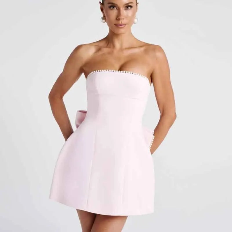 Pearl Trim Strapless Bow Back Fit and Flare Mini Dress