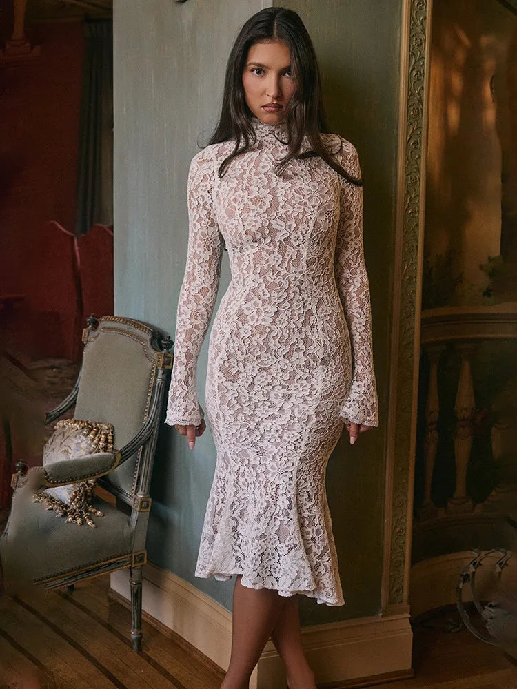 Floral Lace Mock Neck Long Sleeve Scalloped Cuff Bodycon Gown