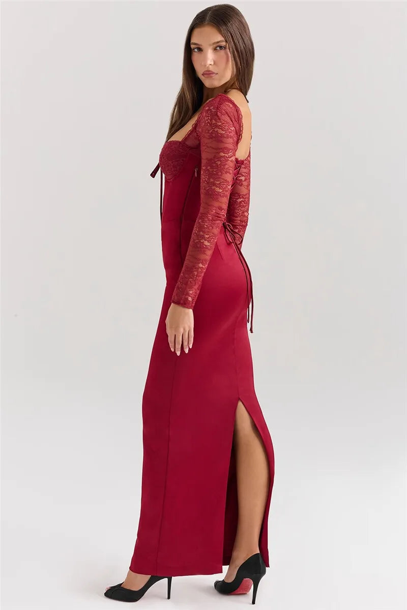 Sweetheart Neck Lace Long Sleeve Corset Bodice Satin Maxi Dress 4
