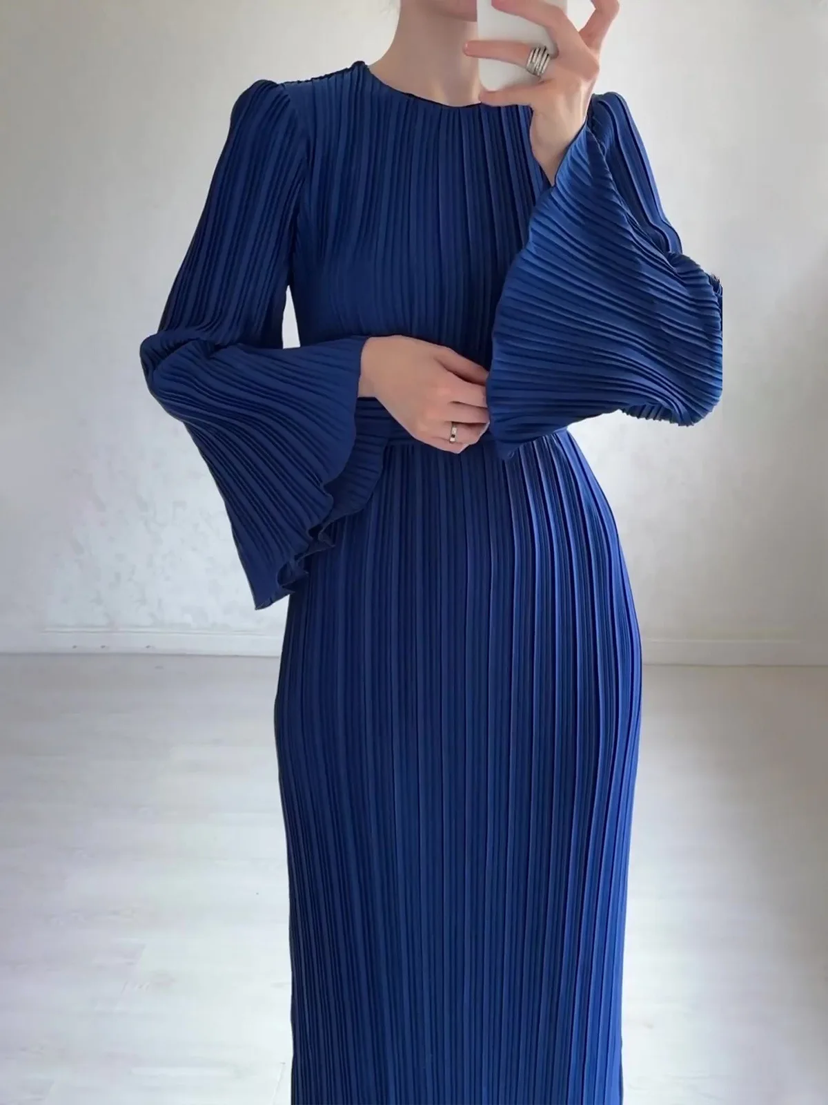 Plissé Pleated Long Sleeve Ruffle Cuff High Neck Bodycon Maxi Dress