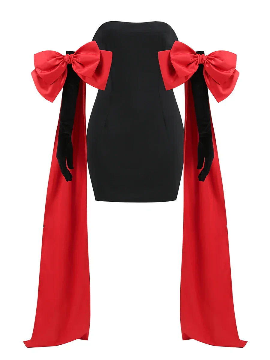 Black Tube Mini Dress With Large Red Bow Detachable Sleeves